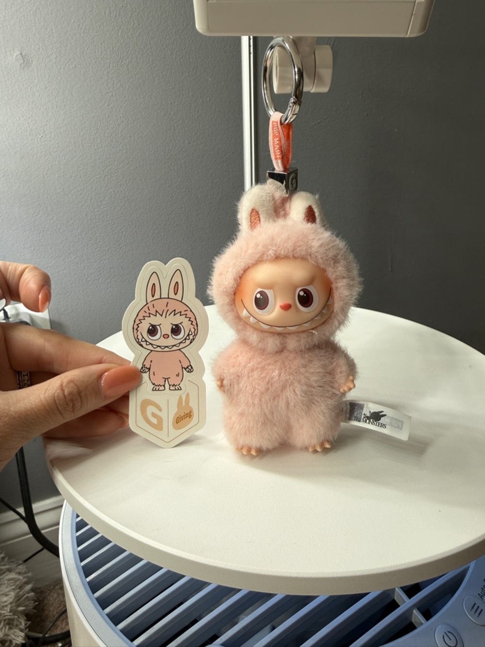 Labubu pin for love G letter Pink Furry Keychain